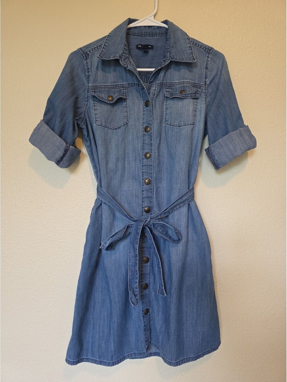Gap Womens Denim Shirt Dress Blue Snap Front Tie Waist Long Sleeve Pocket Size S